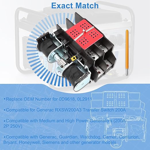 0L2911 Automatic Transfer Switch 200 Amp with Handle 200A 2P 250V Replacement for Generac Generator Transfer Switch Assembly 0D9618 0L2911