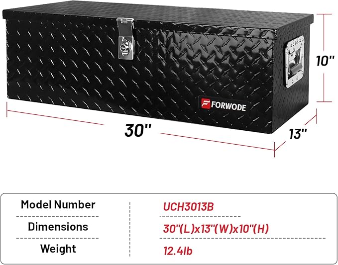 FORWODE 30 Inch Aluminum Truck Tool Box Lockable Truck Bed Tool Box Waterproof Truck Bed Storage Box with Side Handle Truck Tool Chest for Pickup, Truck Bed, RV, Trailer & Garage (Black)