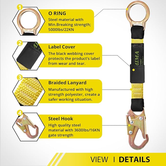 TRSMIMA Safety Harness Extension Lanyard - 18”D-ring Extender Fall Protection Arrest System with Snap Hook Connector Ring ANSI
