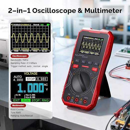 2-in-1 Handheld Oscilloscope Multimeter - 1MHz Bandwidth 2.5MS/s Sampling Rate, Digital Oscilloscope & Auto-Ranging Multimeter Combo, 2.4" Backlit Display with Probes, for Electronics DIY, Repair