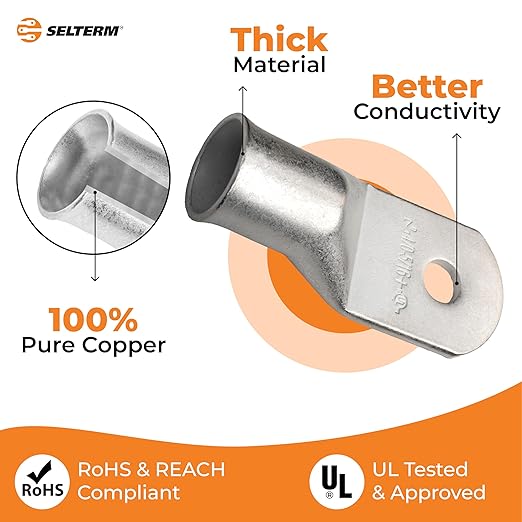 SELTERM 2pcs 4/0 AWG (XL) 5/16" Stud Tinned Copper Wire Lugs,Battery Lugs,Ring Terminals, Battery Cable Ends, 0000 Gauge Ring Terminal Connectors,UL Marine Grade Electrical Battery Terminal Connectors