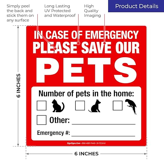Pet Alert Safety Fire Rescue Sticker, In Case Of Emergency Please Save Our Pets, (4pack) 6x6 Inches, 4 Mil Vinyl Decal Stickers UV Protected, Made in USA by Sigo Signs