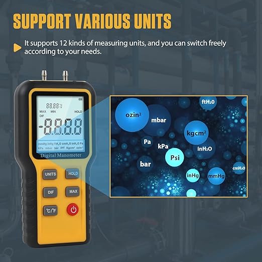 Manometer, Dual-Port HVAC Manometer with 12 Units Switch, Storage & Reminder Function, LP Gas Pressure Tester for Temperature and Pressure Testing, MMT2118563