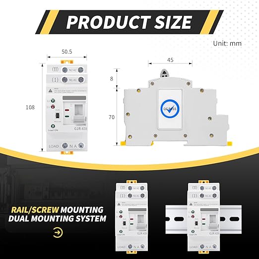 Mini ATS AC Automatic/Manual Transfer Switch 2P 63A 110V, ATS Manual Transfer for Uninterruptible Power Supply Home, Dual Auto Power Electrical Selector Switch DIN Rail Mount（G2R 2P 63A AC110V）