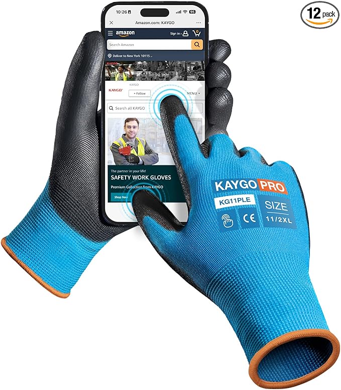 Work Gloves PU Coated for Men and Women, 12 Pairs Safety Work Gloves with Two Fingers Touchscreen, Breathable and Lightweight,Ideal for Light Warehouse, Manufacturing, Gardening, KG12P (2XL, Blue)