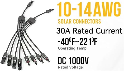 Solar Panel Connectors Y Branch 1 to 4 Parallel PV Adapter Cable, Y Branch Connectors 1 to 4 Solar Adapter Cable Plug Tool (M/FFFF,F/MMMM), 1500V (Black) Length:19.9in(2pcs)