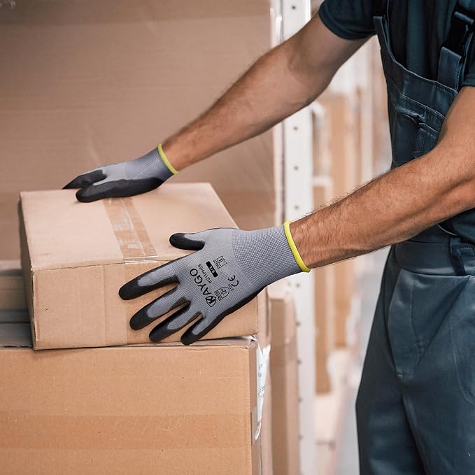 KAYGO Work Gloves for Men and Women, 60 Pairs Seamless Knit PU Coated Safety Gloves, with Smooth Grip on Palm and Fingers, Ideal for Light Warehouse, Manufacturing, Gardening, KG11P (XL,Gray)