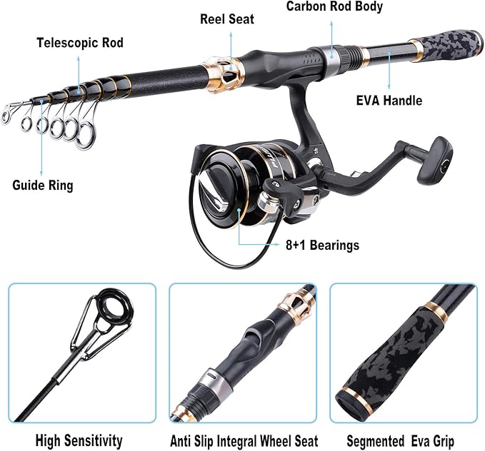 PLUSINNO Fishing Rod and Reel Combo,Fishing Pole,Telescopic Fishing Rod Kit with Spinning Reel, Telescopic Fishing Pole with Carrier Bag for Freshwater Saltwater for Men Women
