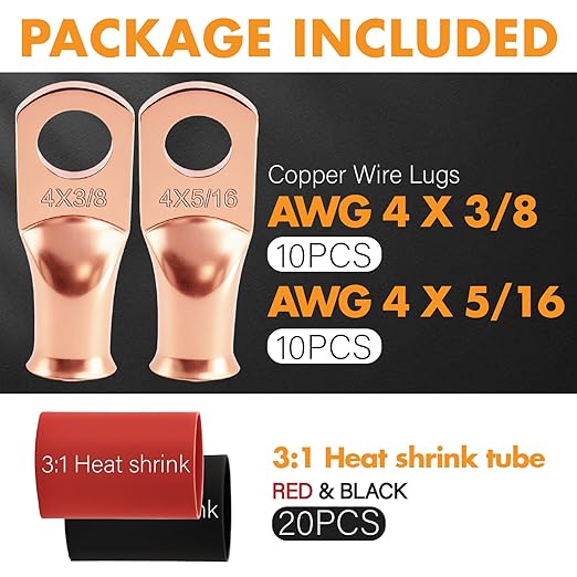 Jeemiter 20PCS 4 AWG Battery Lugs 5/16"&3/8" Copper Ring Terminals with 3:1 Heat Shrink Tubing - Heavy Duty Crimp Connectors for Auto Marine Solar Electrical in Dual-Neck Bottle
