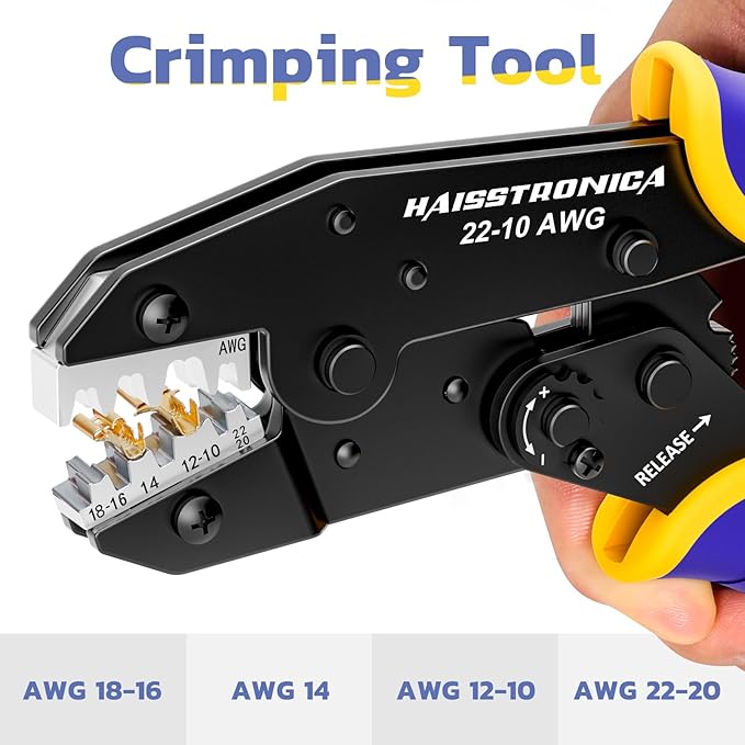 haisstronica Wire Stripper and Crimping Tool,AWG 24-10 Automatic Stripper Tool with AWG 22-10 Ratchet Wire Crimper For Non-Insulated Open Barrel Terminals