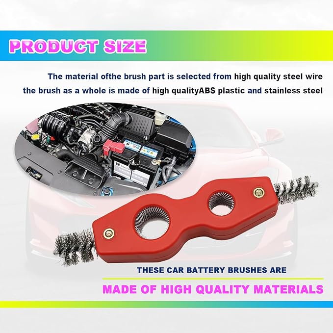 4 in 1 Car Battery Terminal Cleaners Anti-Corrosion Steel Wire Brush Heads, Cleans Inside Outside Thread, for Battery Terminals Machine Parts Cleaner Tool for Automotive and Marine(Red