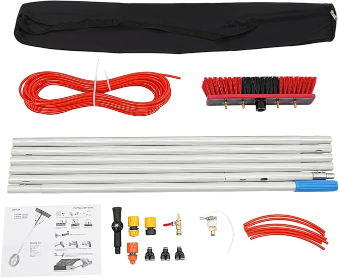 Solar Panel Cleaning Brush & Squeegee Kit, 19.69ft Long Reach Extendable Water Fed Pole Kit, Water Fed Window Cleaner Tool with 14" Brush, for Window Outdoor Roof Cleaner Kit (19.69FT Long)