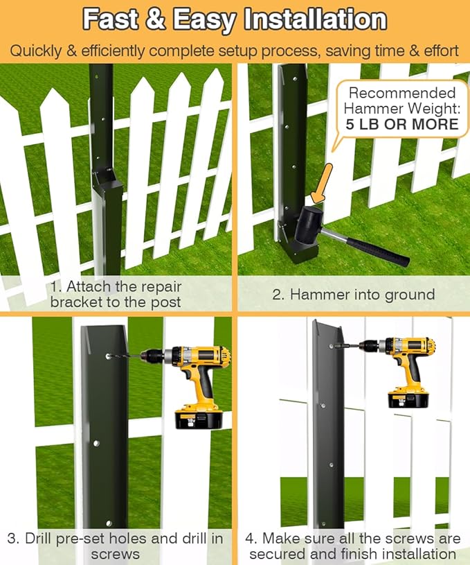 Fence Post Anchor Kit, Heavy Duty Metal Steel Fence Post Repair Kit, Fence Post Anchor Stakes Ground Spike for Repairing Tilted/Broken Wood Fence Post, Metal-Plate Style, 1 Pack, Black