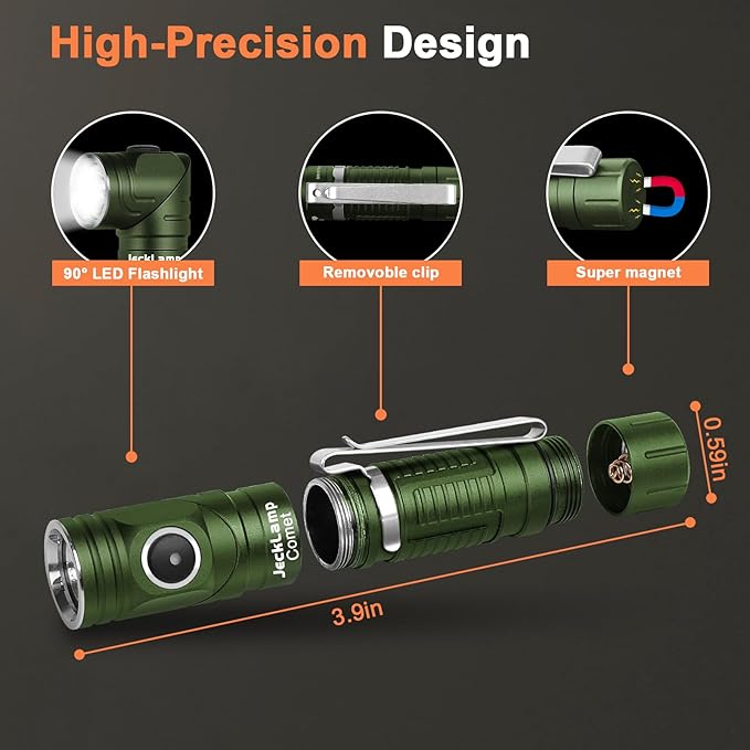 90 Degree EDC Flashlight, 1200 High Lumens Magnetic Flashlight with Clip, 6 Modes Rechargeable Led Headlamp, Pocket Tactical Flashlight for Working, Camping（Battery Included）