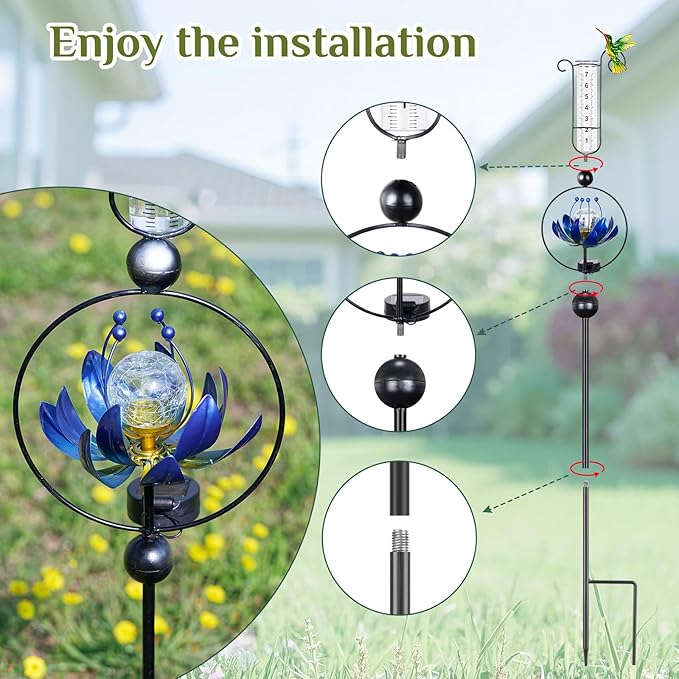 Rain Gauge Outdoor,42 Inch Solar Rain Gauges Decorative with Lotus Flower Spinner Light,Large Number Plastic Tube Rain Catcher Freeze Proof Hummingbird Water Gauge for Garden Yard Lawn