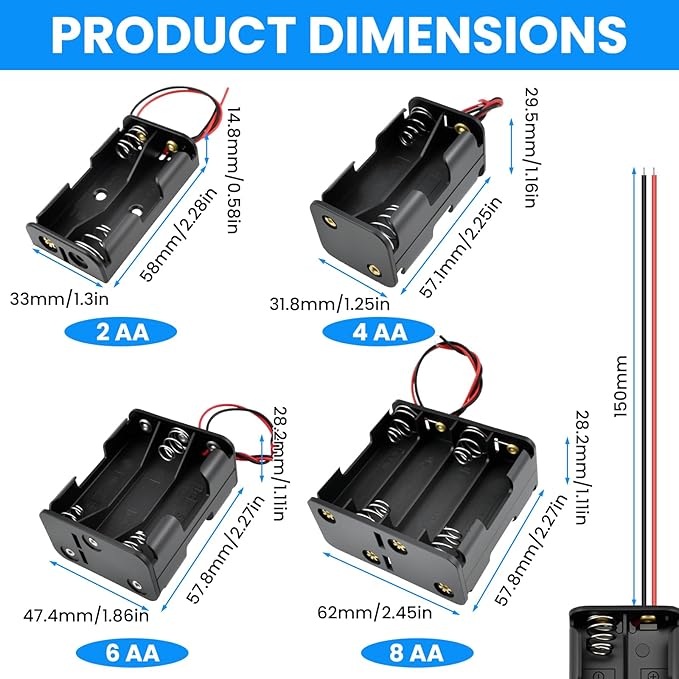 SDTC Tech 4-Pack 2/4/6/8 x AA Battery Holder with Wire Leads 3/6/9/12 Volt Battery Case Box Kit for Arduino Project Led Circuit Experiment