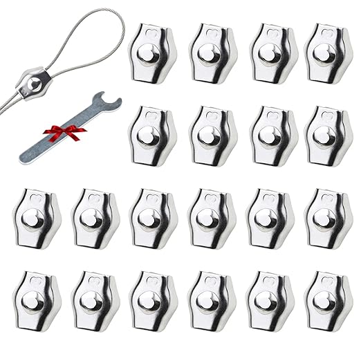 20Pcs M3 Stainless Steel Single Wire Rope Clips, Simplex Bolt Cable Clamp for 1/16in-1/8in Diameter Wire Cable for Picture Hanging Christams String Light, Free Wrench