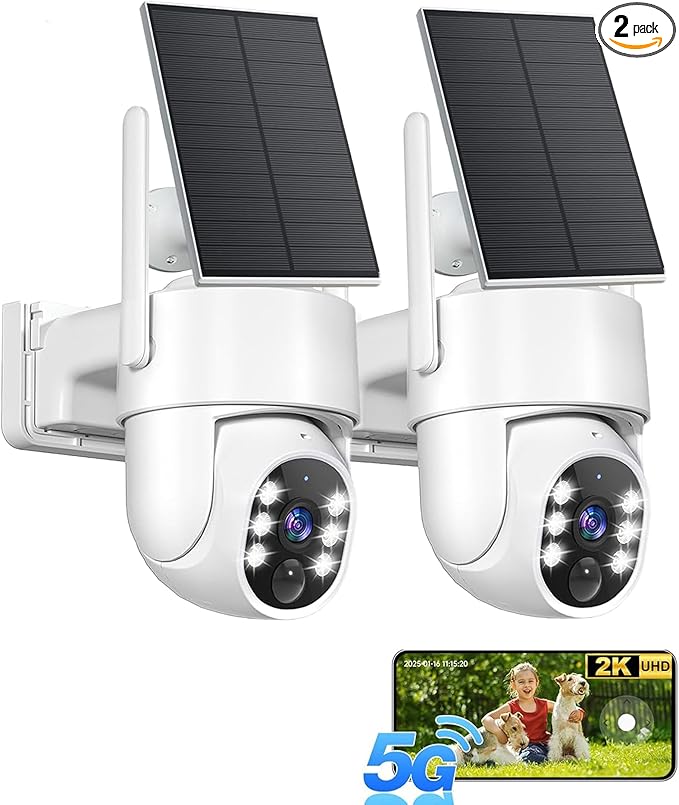 5G&2.4GHz Security Cameras Wireless Outdoor, 2K Cameras for Home Security, Solar & Battery Powered Security Camera Outdoor, Color Night Vision, PZT Human Detection, 2 Packs