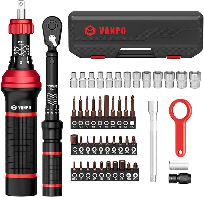 VANPO 49-Pc Torque Screwdriver & Wrench Set | 10-70 in-lb & 1-12Nm Dual Range | S2 Steel Bits & Sockets for MTB Carbon Bikes, Firearm Optics, Scope Mounting & Professional DIY Repairs