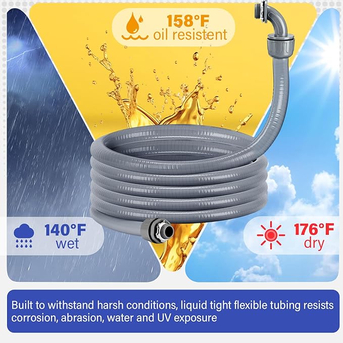 Liquid-Tight Conduit Connector Kit,Flexible Non Metallic Liquid Tight Electrical Conduit Kit,Waterproof Outdoor Electrical Conduit Pipe,Straight/Angle Fittings,Clamps (1-1/2 in x 50 ft)