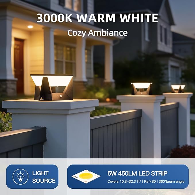 7.09" Solar Post Lights Outdoor, Post Solar Lights Outdoor IP54 Waterproof, 3000K Patio Column Light Outside, Dusk to Dawn Modern Pillar Light, Column Lighting for Posts Fence Entrance Garden
