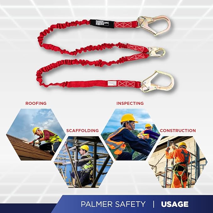 Palmer Safety L122233 6 FT Double Legs Safety Lanyard Internal Shock Absorber w/Dual Pelican Rebars I OSHA/ANSI Compliant Restraint Lanyards I Ideal Use for Arborist, Roofer & Construction Workers