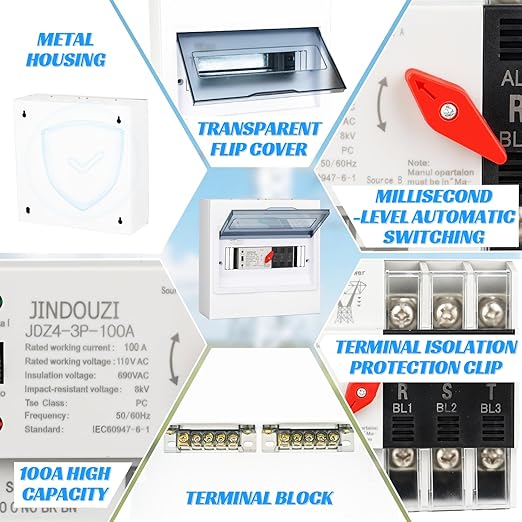 100A Automatic Transfer Switch, 110V Millisecond Level Dual Power Automatic Transfer Switch, Generator Transfer Switch, with Metal Distribution Box