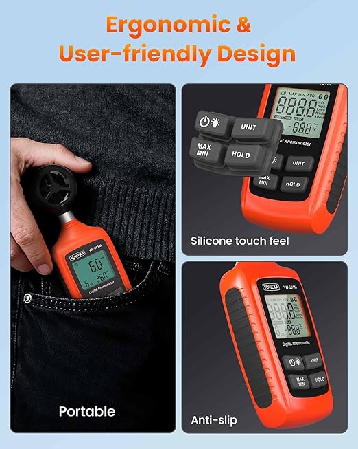 Digital Anemometer, YOWEXA Portable Wind Speed Meter with Backlight Screen, Air Flow Tester Supports Wind Chill Alert, Wind Checkers for Hunting HVAC Drone Sailing Golf Shooting