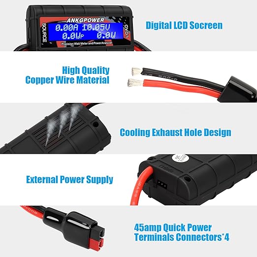 150A Watt Meter Power Analyzer, High Precision RC with Digital LCD Screen&2 Sets of 45amp Power Pole Connectors for Voltage (V) Current (A) Power (W) Charge(Ah) and Energy (Wh) Measurement