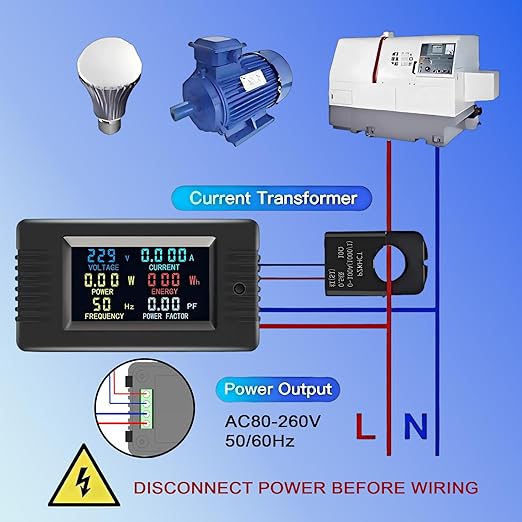 AC Current Voltage Amperage Power Energy Meter AC 80~260V 100A Color LCD Digital Display Ammeter Voltmeter Multimeter with Split Core Current Transformer CT Multi-Function Power Monitor