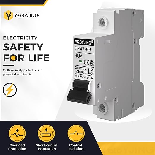 DC Circuit Breaker 40 Amp Solar Panel Disconnect Switch 12V-500V 1 Pole Miniature Solar Circuit Breaker for Outdoor PV Homes Battery, AC 110V DIN Rail MCB