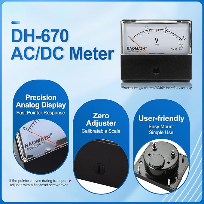 BAOMAIN DH-670 DC 0-50A Analog Amp Panel Meter Current Ammeter with 50A 75mV Shunt Resistor, Class 2.0 Accuracy, Mechanical Pointer Gauge for Battery Charging & Solar Systems