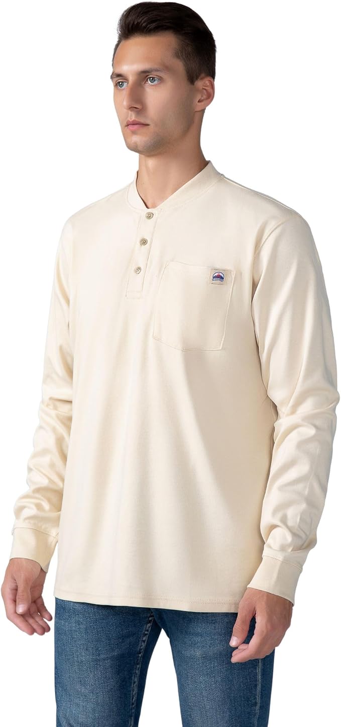 FR Henley Shirts for Men Flame Resistant Lightweight Welding 6.5oz 100% Cotton CAT2 Long Sleeve Fire Retardant FRC Clothing