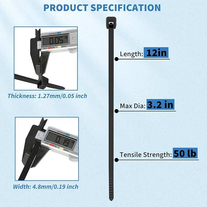 Zip Ties 12 Inch 100 Pack Heavy Duty 50 Lbs Tensile Strength - UV Resistant Self-Locking Black Nylon Cable Ties for Indoor and Outdoor Cable Management