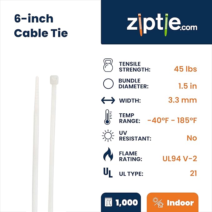 ZipTie.com 6-inch Natural Multi-Purpose Cable Tie, 45-lb Tensile Strength, UL 21 Listed, 1,000-Pack
