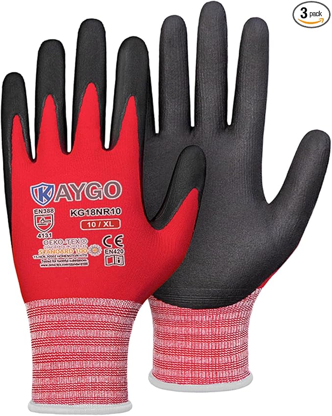KAYGO Safety Work Gloves MicroFoam Nitrile Coated-3 Pairs, KG18NB,Seamless Knit Nylon Glove with Black Micro-Foam Nitrile Grip,Ideal for General Purpose,Automotive,Home Improvement,Red X-large