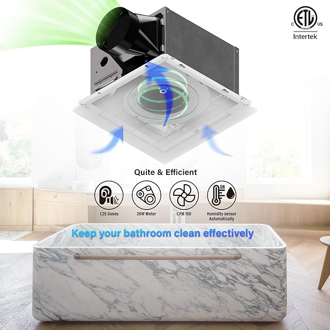 Bathroom Exhaust Fan with Humidity Sensor: 100CFM Ventilation Fan for Bathroom and Home, Auto-Adjusts for Moisture Control, Ultra-Quiet 1.2 Sones, Dimmable & Wet Rated, ETL Certified