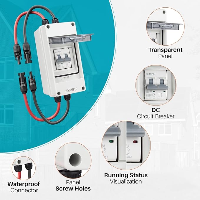 Solar Panel Disconnect Switch 10A 2P 400V DC/AC Breaker Disconnect Box Outdoor Breaker Box Suitable for photovoltaic and Wind Energy Home Battery Systems (60 Amps)