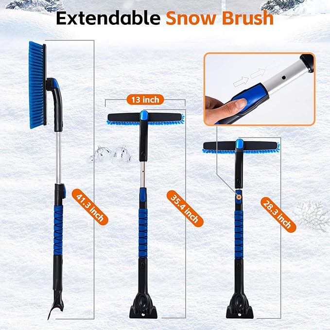 Car Snow Brush and Ice Scraper, Ice Scrapers for Car Windshield, Extendable Snow Brush for Car with Ergonomic Foam Grip and 360° Pivoting Brush Head for Car