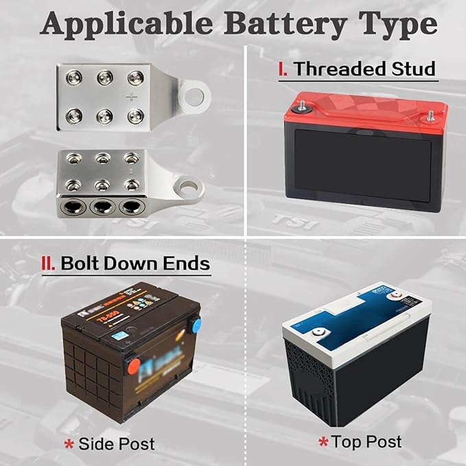 Battery Post Terminals, 1/0,1,2,3,4,5,6AWG Gauge Side Post Battery Terminal with Bolt, 6 Way Top Post Battery Terminal for AGM Lead Acid Battery or Lithium attery,M10 or 3/8”-16