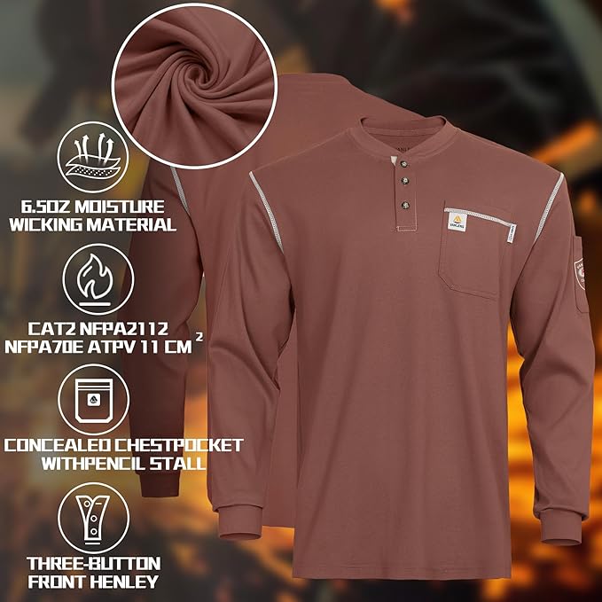 FR Shirts for Men CAT2/HRC2 Flame Resistant Shirts 6.5oz Light Weight Long Sleeve Fire Retardant Shirts