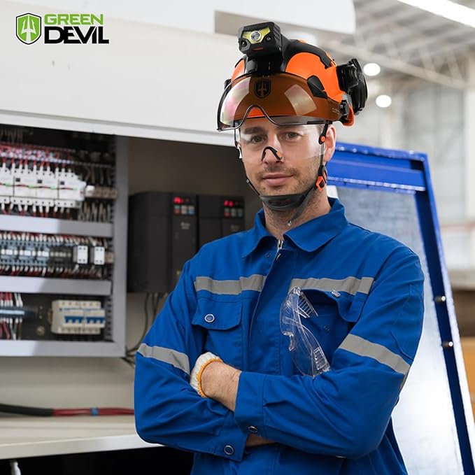 GREEN DEVIL Hard Hat Safety Helmet with Rechargeable Headlamp Light and Visor Ear Muffs Vented Work Hardhat ANSI Z89.1 Cascos De Construccion for Industrial Construction Forestry