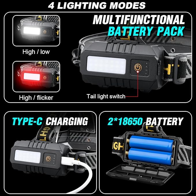 Headlamp Rechargeable 5000 High Lumen: Super Bright LED Head Lamp with Motion Sensor, 9 Modes, IPX7 Waterproof, 90°Adjustable, Zoomable Headlight for Adults Hunting Camping Hiking Running