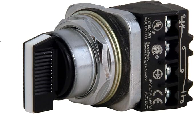 Siemens 52SA2CABA1 Heavy Duty Selector Switch Unit, Water and Oil Tight, 3 Positions, Short Lever, Maintained Operation, C Cam, 1NO + 1NC Contact Blocks , Black