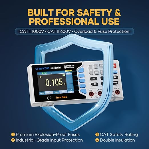 Crenova 30000 Counts True RMS Digital Multimeter, Desktop Bench Multimeter for Lab & Industrial Use. USB Data Logging, CAT II 600V. Measures Voltage, Current, Resistance, Capacitance, Temperature.