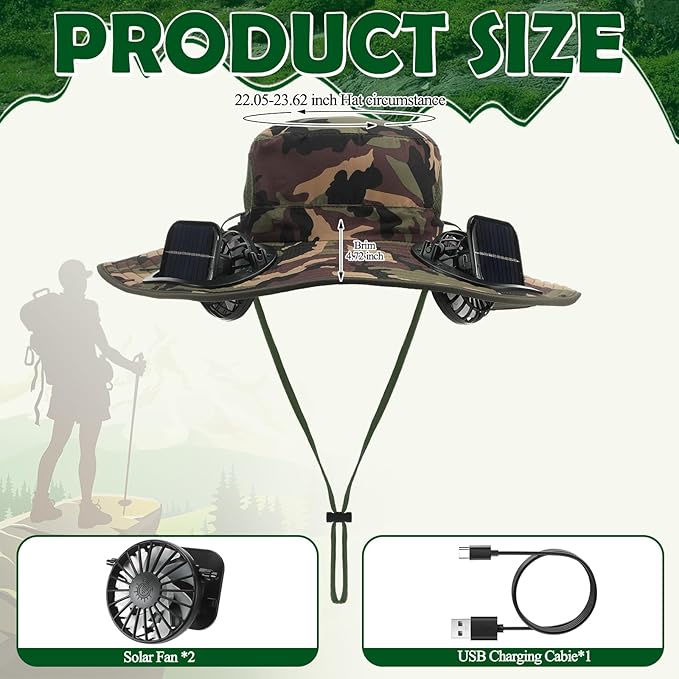 Berlune Men Sun Hat with 2 Solar Fans Wide Brim Outdoor Fishing Hat USB & Solar Powered for Sun Protection Camping Hiking