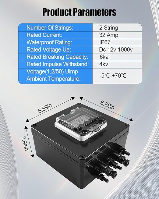 Solar Panel Disconnect Switch, 32A 1000V DC Circuit Breaker Box, 2 String PV Disconnect 2 in 2 Out, IP67 Waterproof Solar Isolator with MC4 Connectors for PV Array, Off-Grid & On-Grid Systems