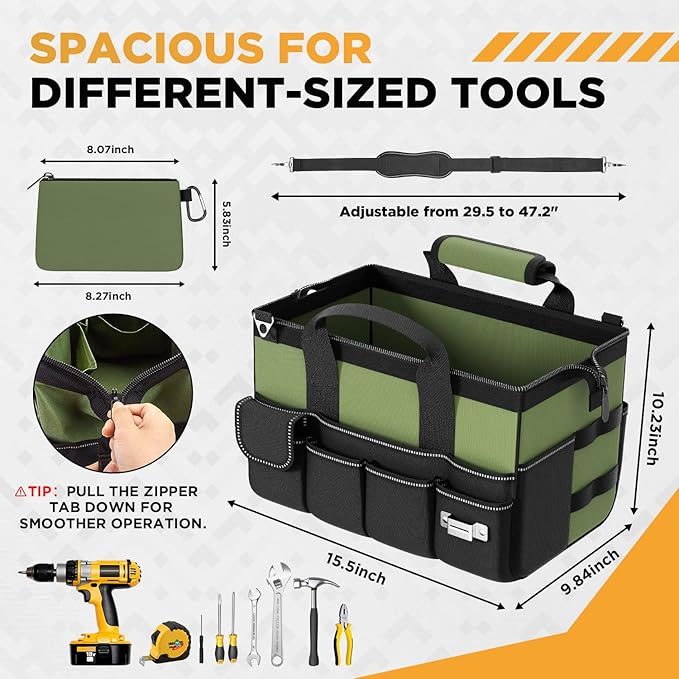 Goovilla Tool Bag 15.5 Inch with 1 Pouch | 17-Pocket Portable Tool Box Organizer Storage with Adjustable Strap, Soft Handle and Durable Zipper | Heavy Duty Tool Bags for Men, Father’s Day (Green)