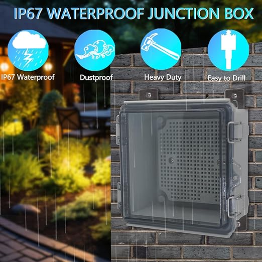 IP67 Waterproof Junction Box, ABS Plastic Electrical Enclosure with Stainless Steel Latch, Hinged Cover Electric Box with Mounting Plate, Wall Brackets & Cable Glands 200x100x70mm