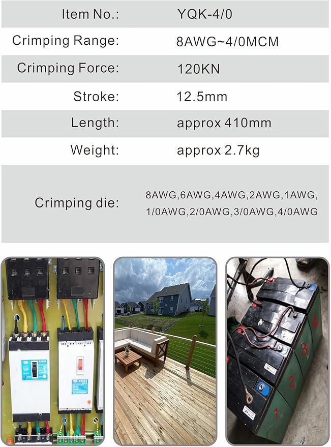 Hydraulic Crimping Tool - 12T Crimping Force, 9 Pairs of Dies (8AWG-4/0AWG) - Battery Cable Crimper with High Crimping Power for Secure Connections, Electrical Projects, and More